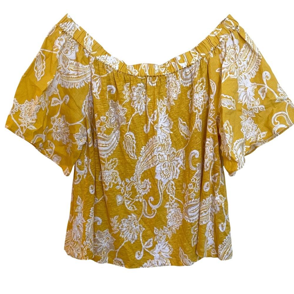 Chicos Linen Off The Shoulder Floral Paisley Top Mustard Yellow White Size 2 L